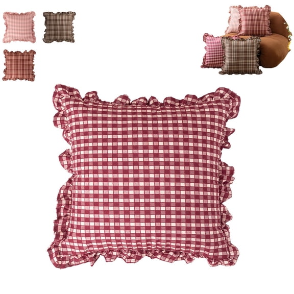 Plaid Ruffle Throw Pillow Cover 18" Retro Square Ruffled Throw Pillow Cover Vintage Decorative Cushion Case with Scalloped Edge Hidden Zipper for Sofa Couch Living Room