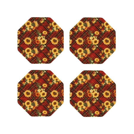 

Fuzoiu Red Plaid Sunflower Print Leather Coasters Set Drink Coasters Set of 4 for Tabletop Protection Durable PVC Coasters Home Décor and Housewarming Gift-Octagon