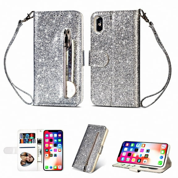 iPhone XS Max Case, Allytech PU Leather Glitter Bumper Shockproof Cards Slots Wallet Case with Zipper & Hand Strap Protective Cover for Apple iPhone XS Max 6.5" Screen, Silver
