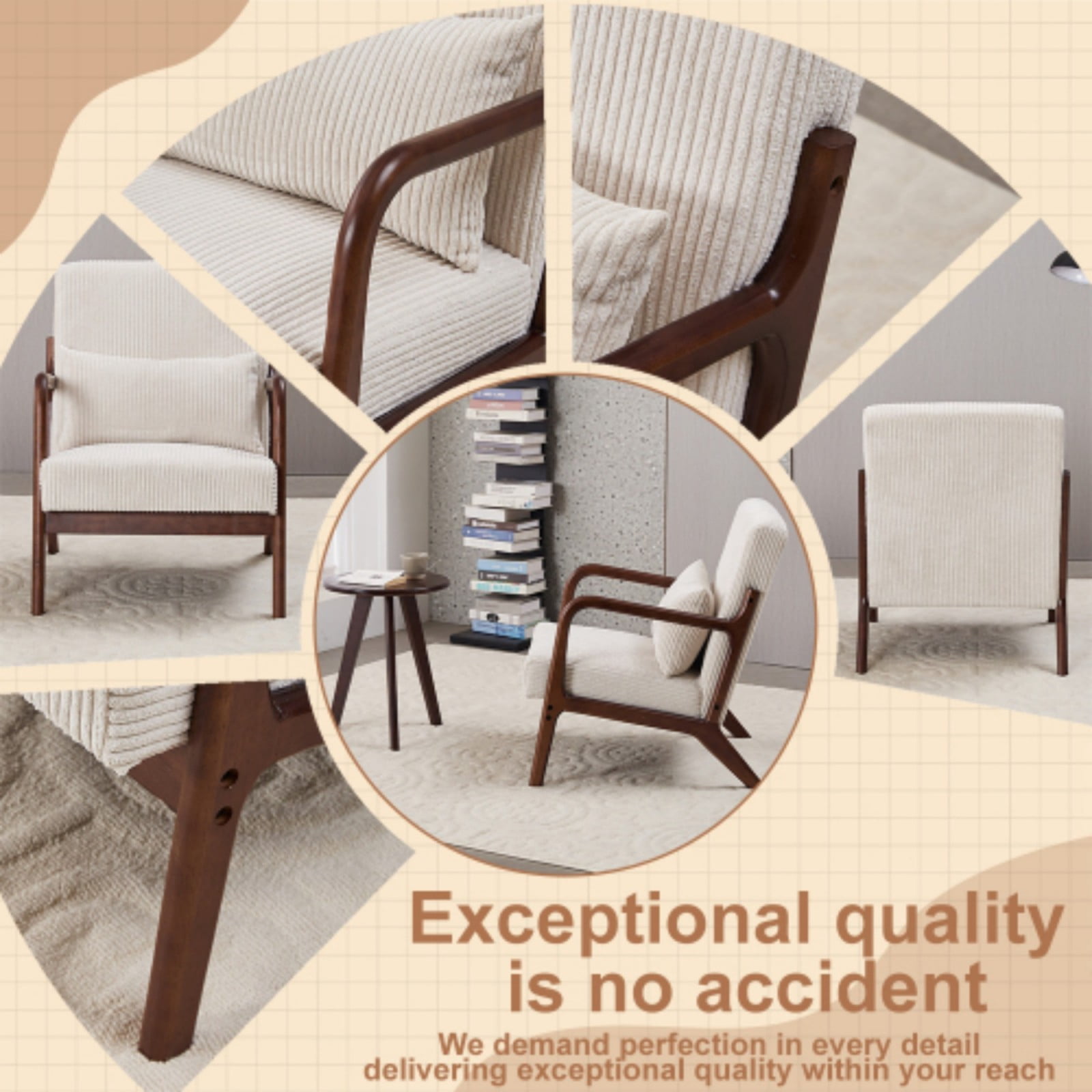 Mid-Century Modern Accent Chair, Upholstered Reading Arm Chair with Pillow, Solid Wood Frame Living Room Chair for Bedroom Balcony, White