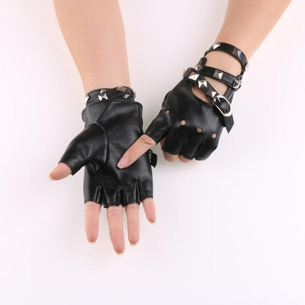 Leather Fingerless Gloves Biker Punk Gloves for Outdoor