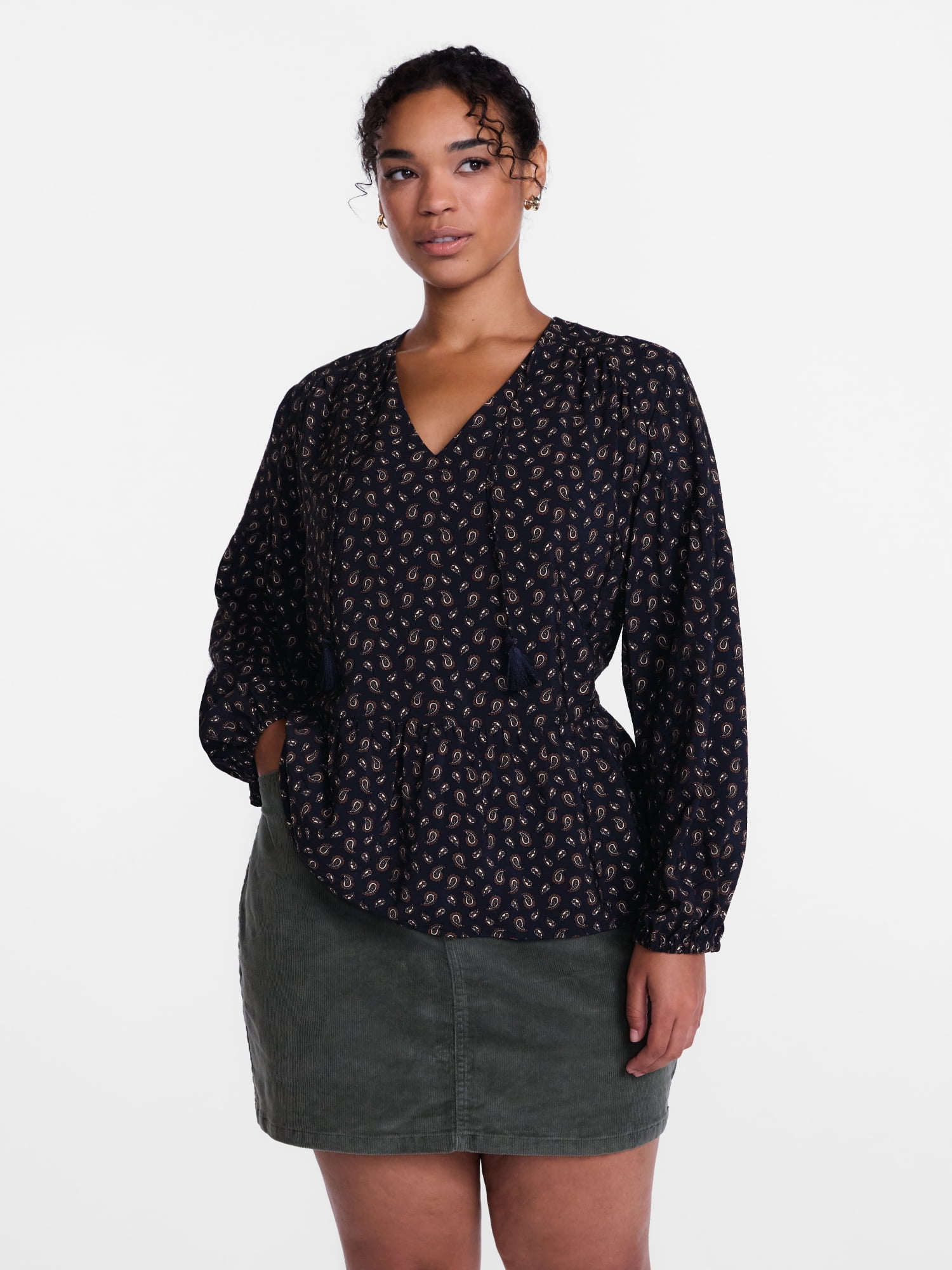 Scenario Women's and Women's Plus Gathered Yoke Blouse with Long Sleeves, Sizes XS-4X