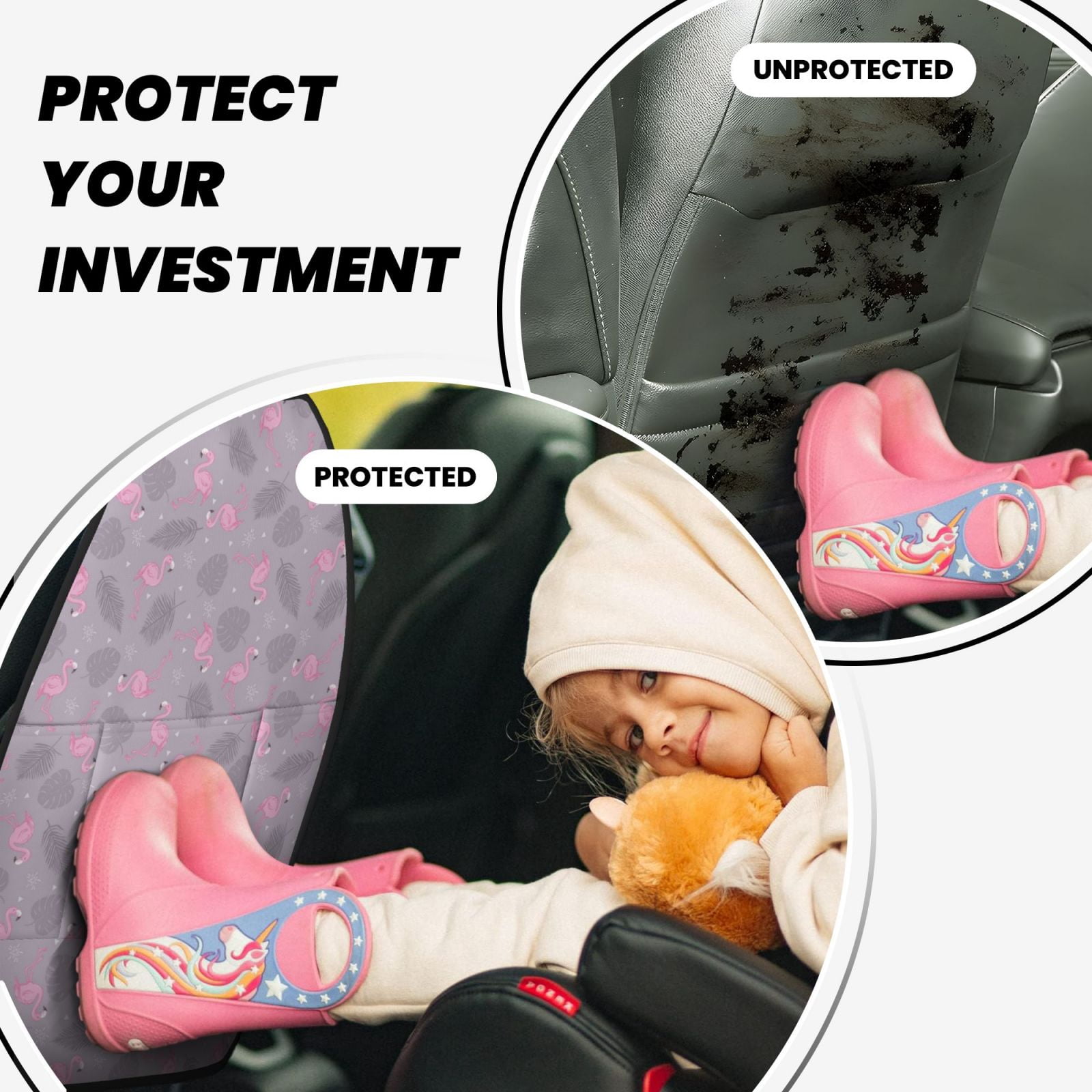 Kdxio Flamingo Print 2 Pack Car Kick Mat Seat Cover Back Protector Mat with Pockets for Organizer Backseat Protector and Storage Anti Kick Pad for Vehicles