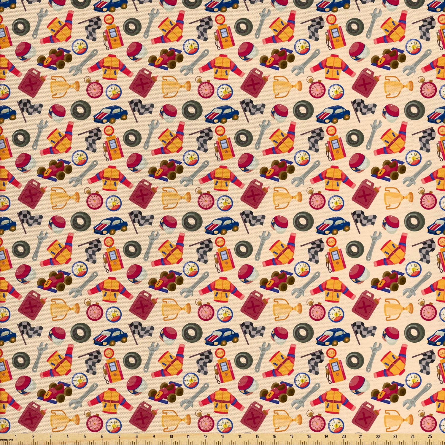 Race Car Fabric by The Yard, Pattern of Random Race Elements Start and
