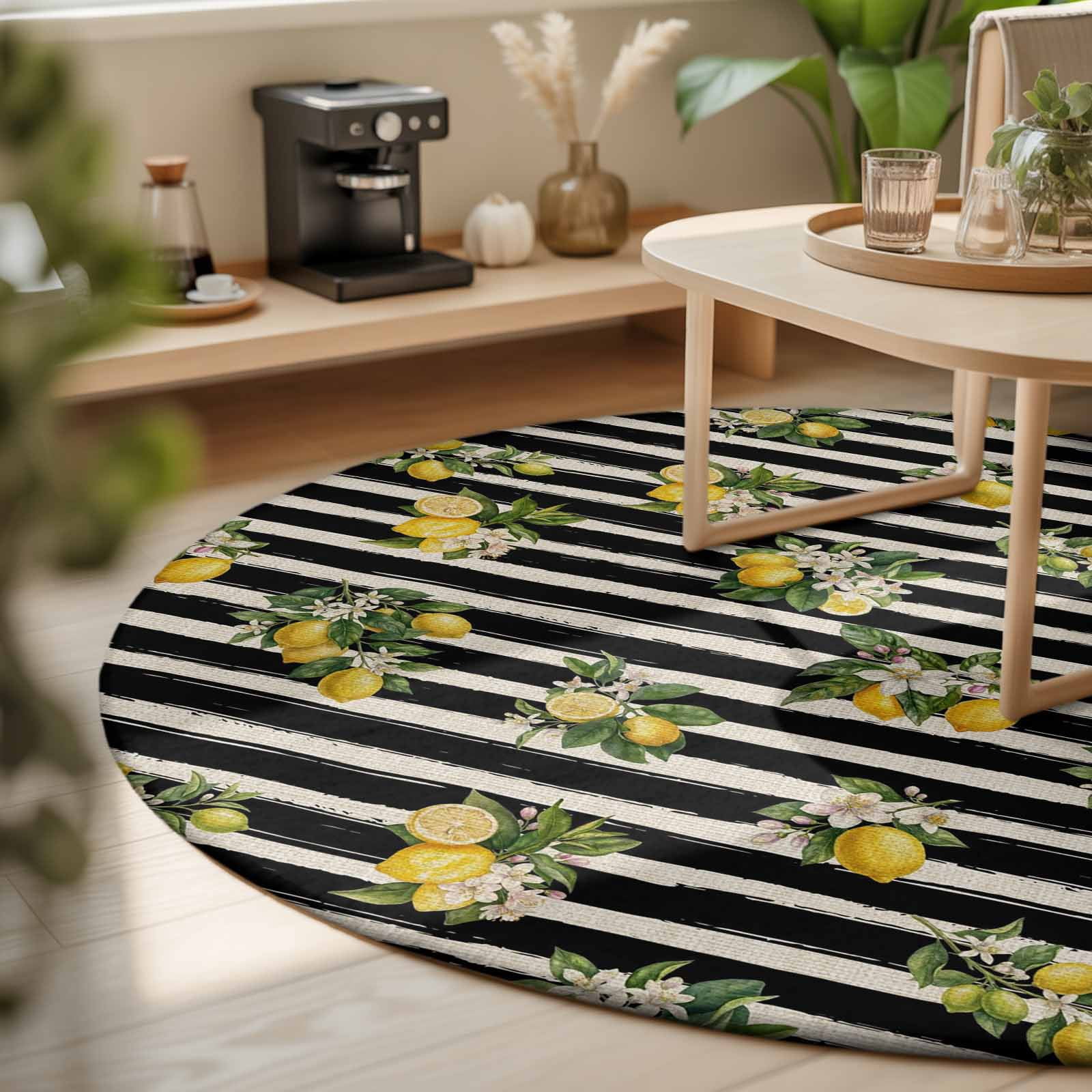 Large Round Rug 8Ft, Summer Lemons Non-Slip Washable Circle Rugs Carpet, Vintage Fruits Flowers Black Striped Indoor Outdoor Rug Floor Mats Throw Runner for Bedroom Living Room Bathroom