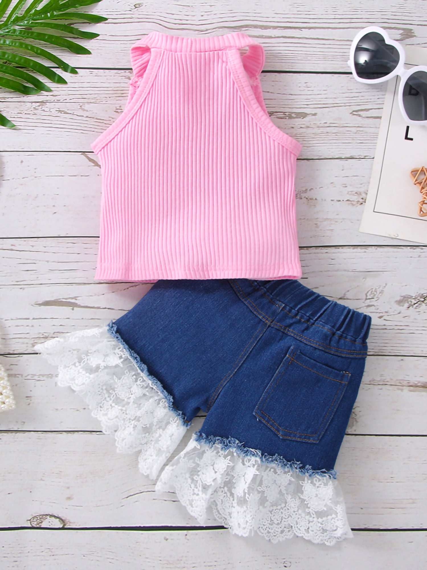 Baby Girls Summer Outfits Sleeveless Ribbed Knit Tank Tops Denim Shorts Set  --- White130cm