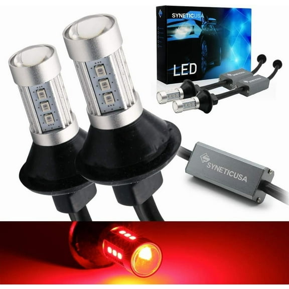 Syneticusa 3157 Error Free Canbus Ready Red LED Brake Parking Tail Stop Turn Signal Light Bulbs DRL Parking Lamp No Hyper Flash All in One With Built-In Resistors