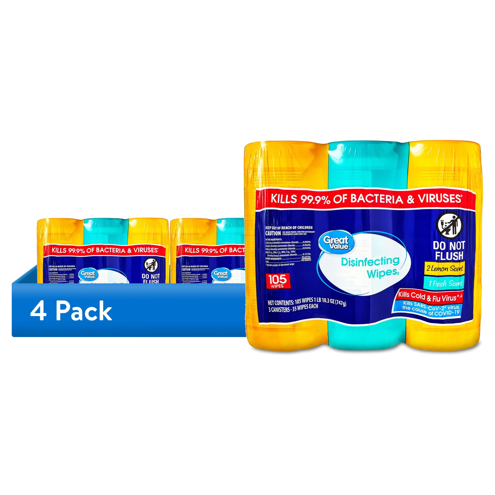 (4 pack) Great Value Disinfecting Wipes Multipack, Fresh and Lemon Scent, 105 Count