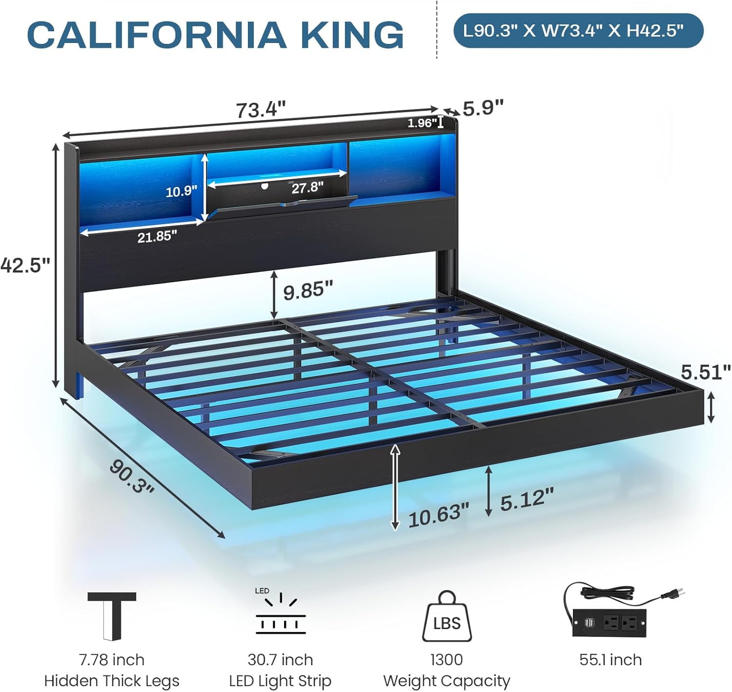 Floating Bed Frame California King Size with Storage Headboard California King Metal Platform Bed with LED Lights & Charging Station, No Box Spring Need, Black