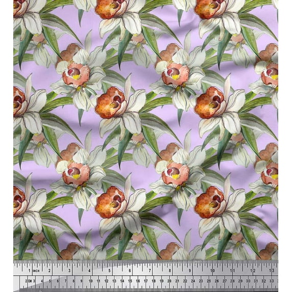 Soimoi Purple Heavy Canvas Fabric Leaves & Daffodil Floral Fabric Prints By Yard 58 Inch Wide