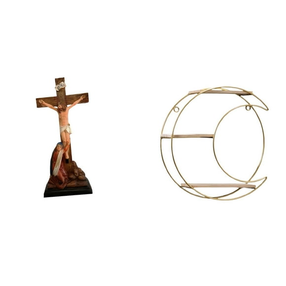 Estatua de la Madre María con cruz de Jesús, escultura de resina, adorno de pared, estante colgante de metal de 3 niveles, decoración adecuada para ca
