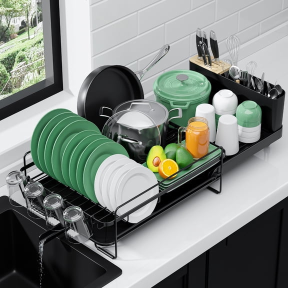 Sakugi Dish Drying Rack, Extendable Dish Drainer, Anti-Rust Dish Rack for Kitchen Counter, 26.2" x 12.9" x 7.2", Black
