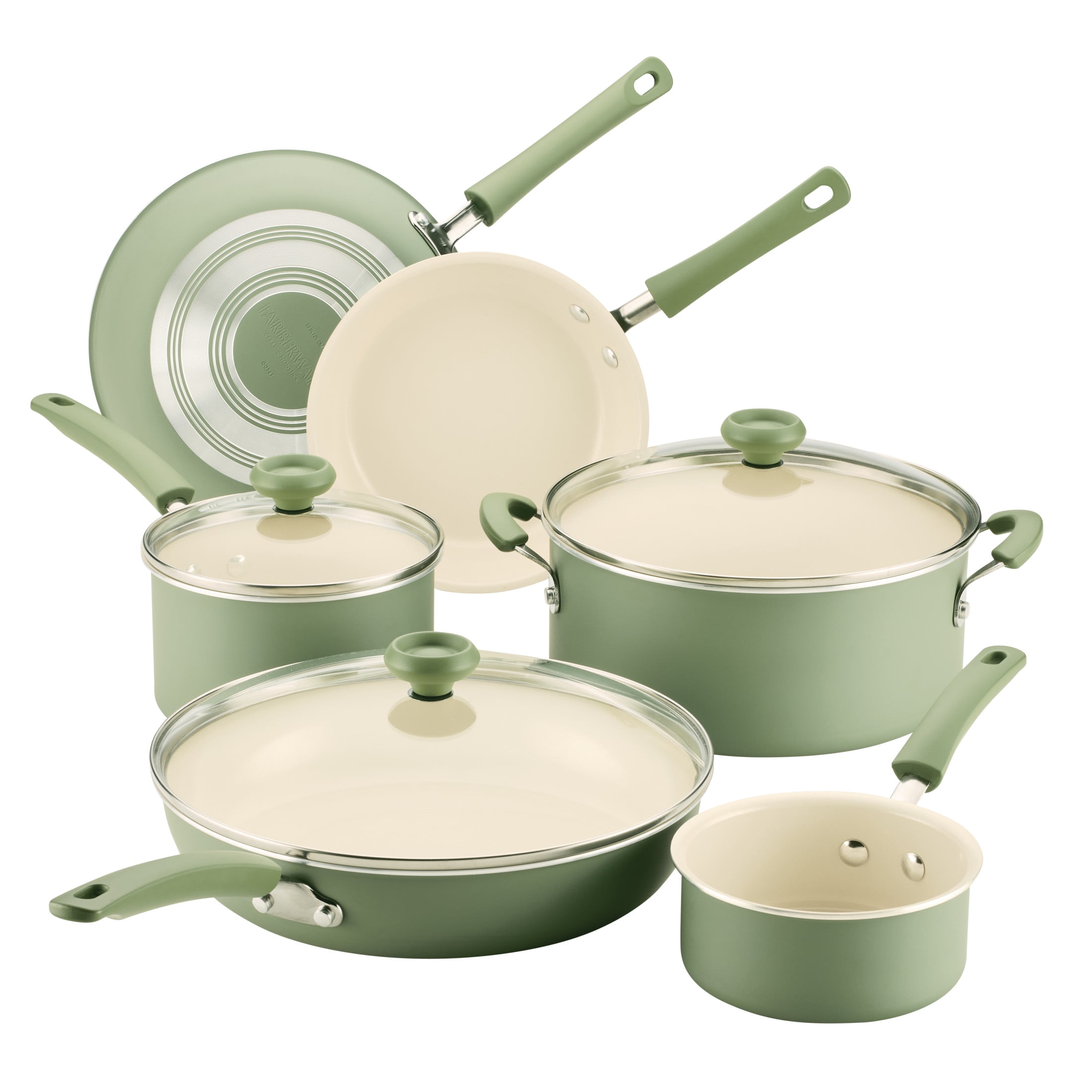 Farberware Easy Clean 14 Pcs Ceramic Nonstick Cookware Set with Cooking Tools, Dishwasher Safe, Green