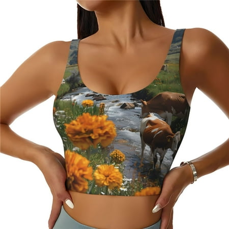 Adobk Mountain Cows Flower Stream Print Sports Bras for Women Longline Workout Crop Tank Tops Padded with Built in Shelf Padded Sports Bra-Large