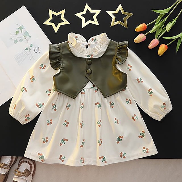 RXIRUCGD Veste Sans Manches en Cuir Décontractée pour Filles Patchwork Imprimé Fleuri Manches Longues Col Rond (Vert, Taille: 1-2 Ans)
