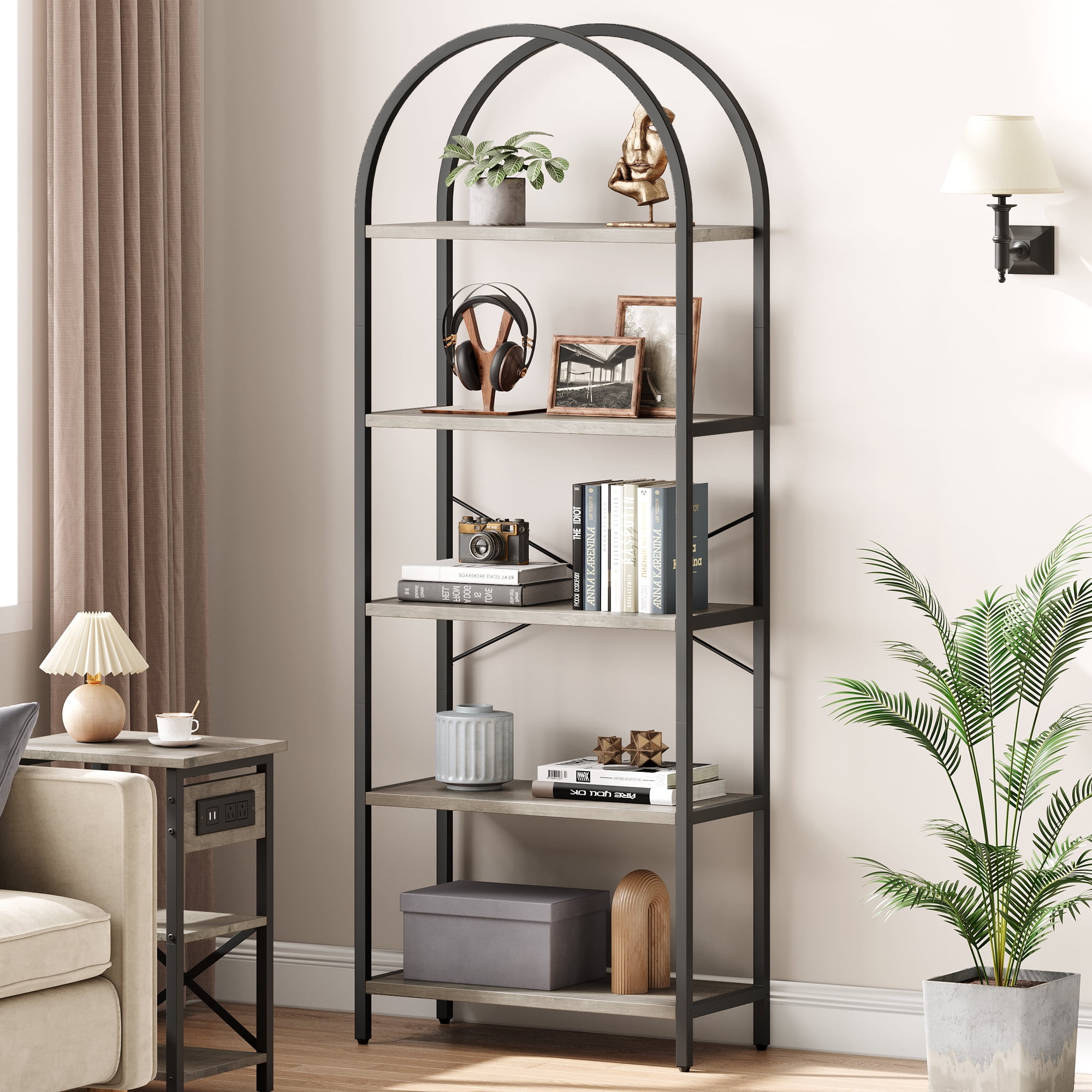 Bookshelf 5 Tier Bookcase Arched Display Racks Tall Standing Bookshelves Mental Frame Open Storage Rack Shelf Large Black Book Shelf for Bedroom, Living Room, Home Office