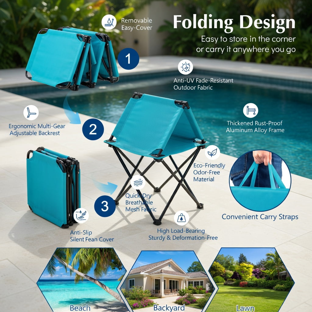 Hommoo Adjustable Beach Chaise Lounge Chair with Face Hole & Removable Pillows, Foldable Lightweight Tanning Lounger for Pool, Beach, Backyard, Navy