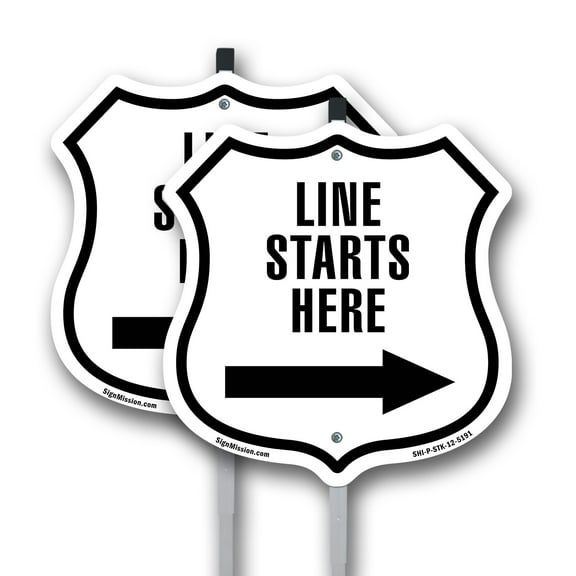 Line Starts Here Right (2 Pack) 12 inch X 12 inch Shield Shaped Rust-Free Aluminum Metal Signs with Aluminum Mounting Stakes Weather Resistant Made in the USA