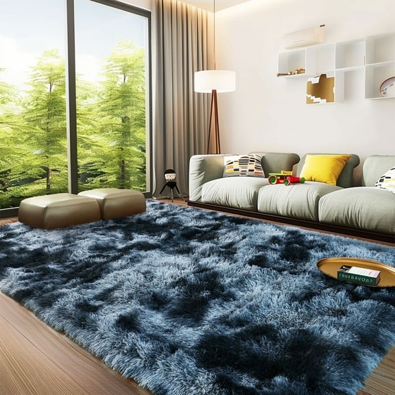 Socofuz 6x9ft Modern Super Soft Fluffy Plush Rug for Bedroom Faux Fur Cozy Carpet for Girls Kids Bedroom Tie-dye Blue Grey