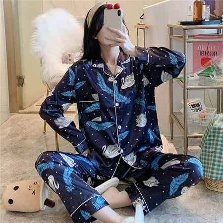 

CoCopeaunt Plus Size 8XL Womens Ice Silk Pajama Set Female Pajamas Sleepwear Sexy Soft Cozy Satin Summer Spring Floral Printed Nightgown