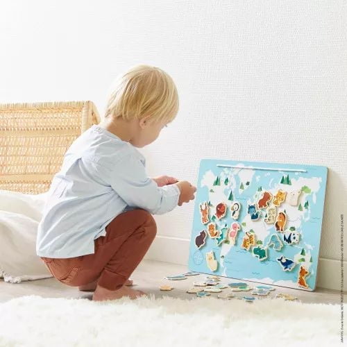 Janod - Minikids Magnetic World Puzzle - 40 FSC Wooden Magnets - 1 Poster - Animal Magnets - 24 Months