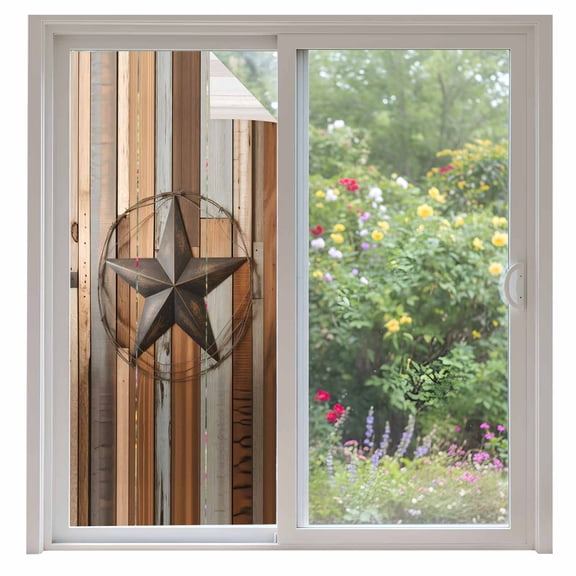 Country Star Brown Window Privacy Film, Western Texas Vintage Farmhouse Wooden Static Cling UV Sun Blocking Heat Control Window Tint, Non-Adhesive One Way Windows Privacy Cover 35.4''x78.7''