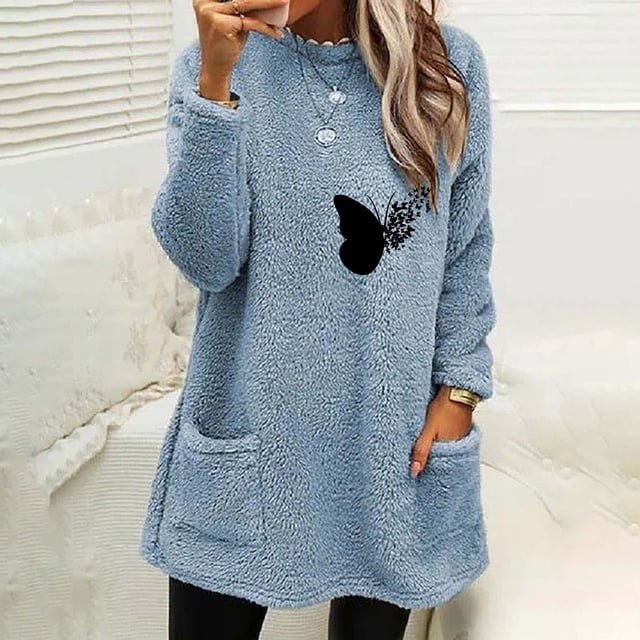Chandail en Molleton d'Halloween pour Femmes à Col Rond et d'Hiver Ample avec Poche Imprimée, Chaud, à Manches Longues, Blouse, Col Rond, Chandail en Molleton pour Femmes en Liquidation