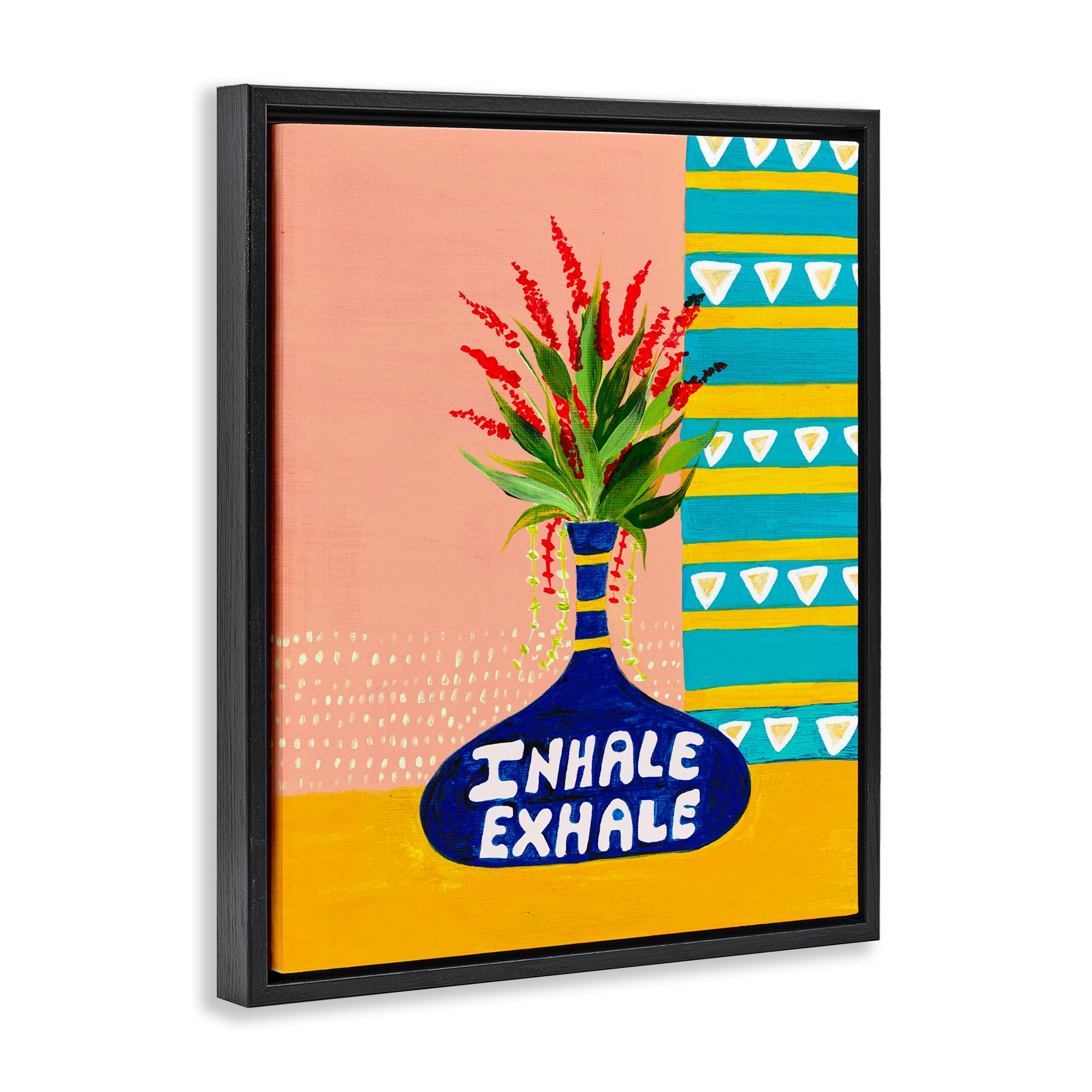Inhale Exhale Flower Vase Black Framed Floater Canvas Wall Art, design by Nabeela Rumi