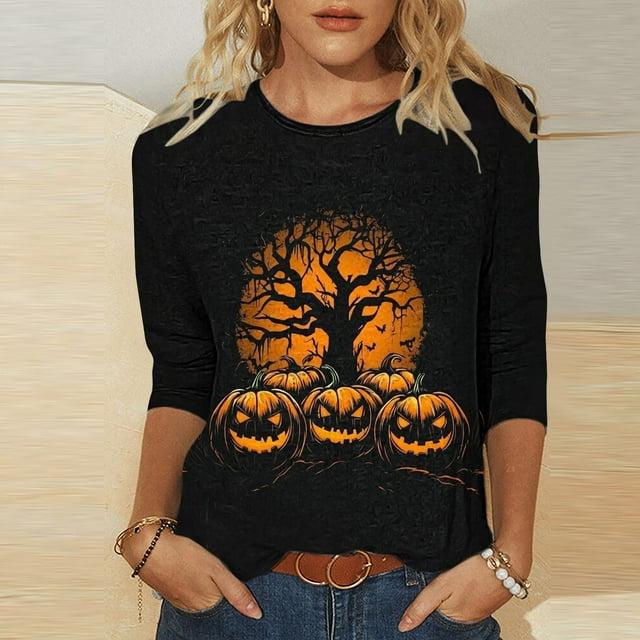 VKOYWKM Hauts à Manches 3/4 pour Femmes Halloween Chandails Citrouille T-Shirts Graphiques Effrayants T-Shirts Amusants Col Rond Tunique d'Automne Chemisiers