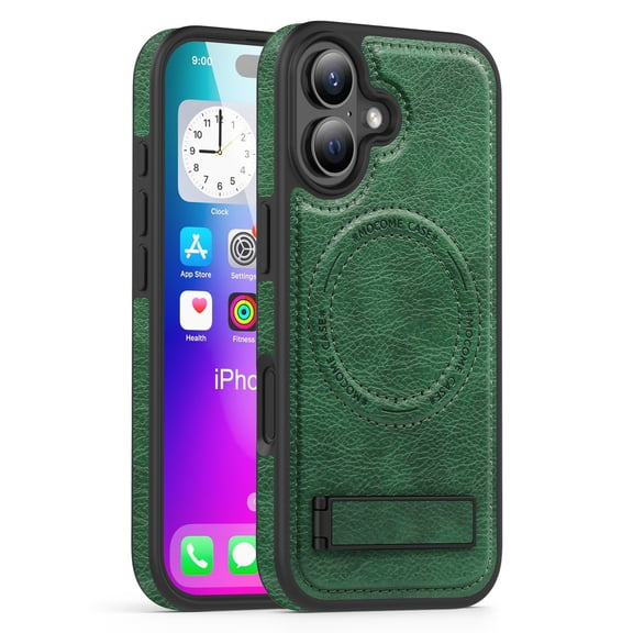 Case for iPhone 17 with Hidden Kickstand, [Military Grade Drop Protection] Built-in Strong Magnet Compatible with MagSafe, Slim Premium PU Leather Shockproof Cover,Darkgreen