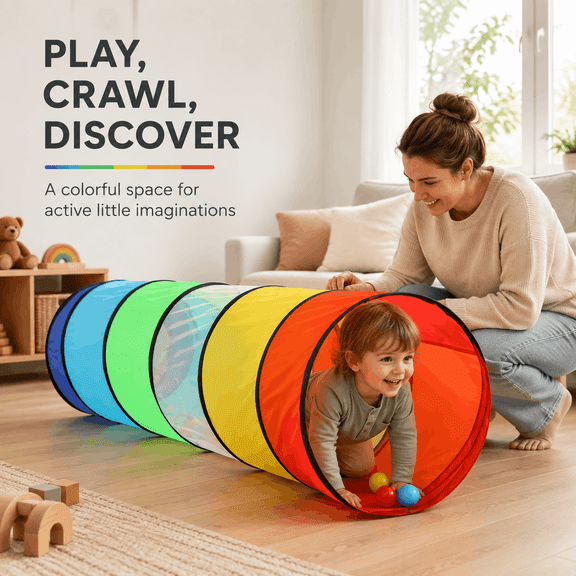 Moncoland Kids Play Tunnel, Rainbow Indoor Crawling Toy, Foldable Pop-Up Activity Tube for Toddlers and Preschoolers, 69 x 18 x 18 Inches, Taffeta Fabric with Mesh