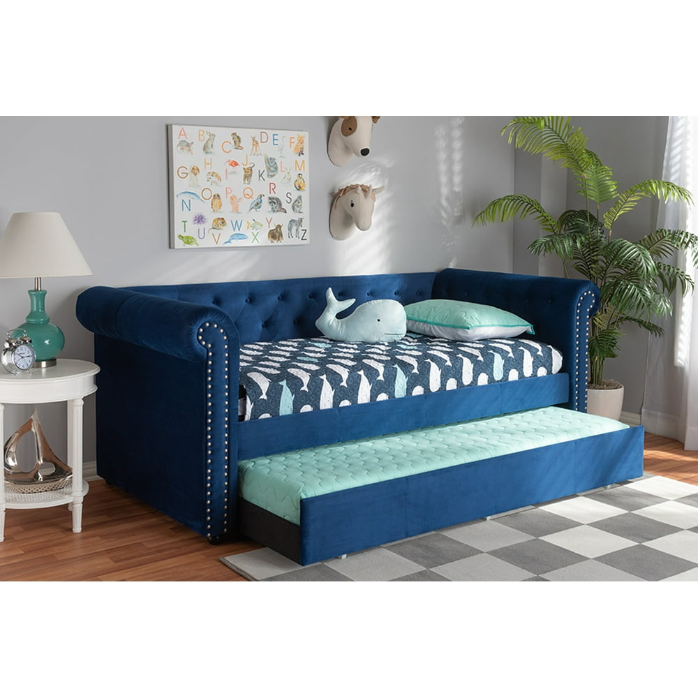 Baxton Studio Mabelle Navy Blue Upholstered Daybed with Trundle