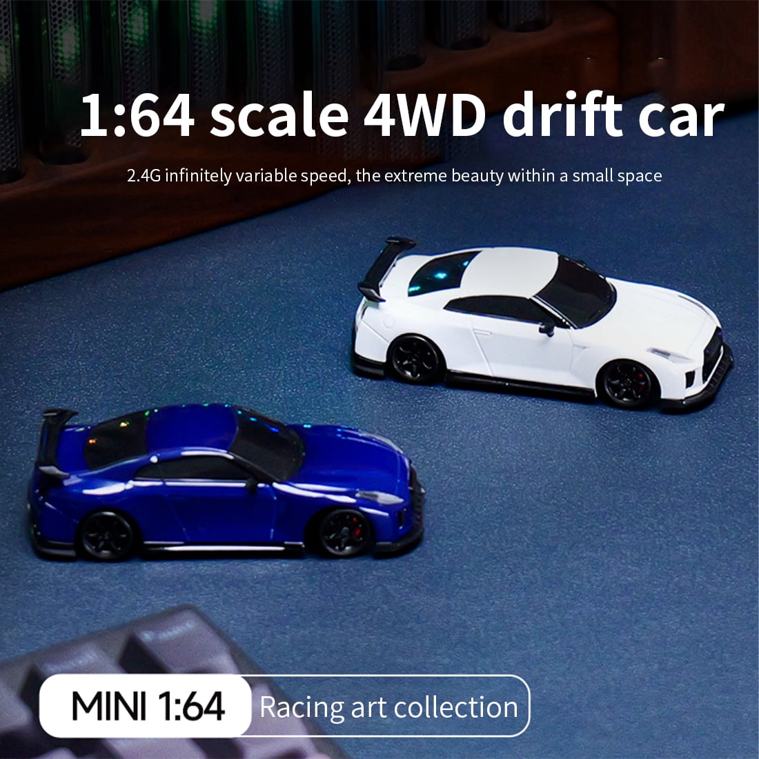 1/64 Scale RC Drift Car, 2.4G Quad Channel 4WD Desktop Mini Drift Car with Duplex Light Set, Proportional Control Type-C Fast Charging Gemstone Blue