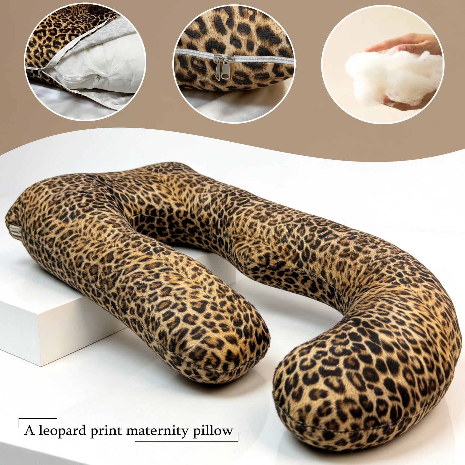 J-Shaped Maternity Pillow 65"x16"x8" - Full Body Support for Back, Hip & Belly, Leopard Heart Print