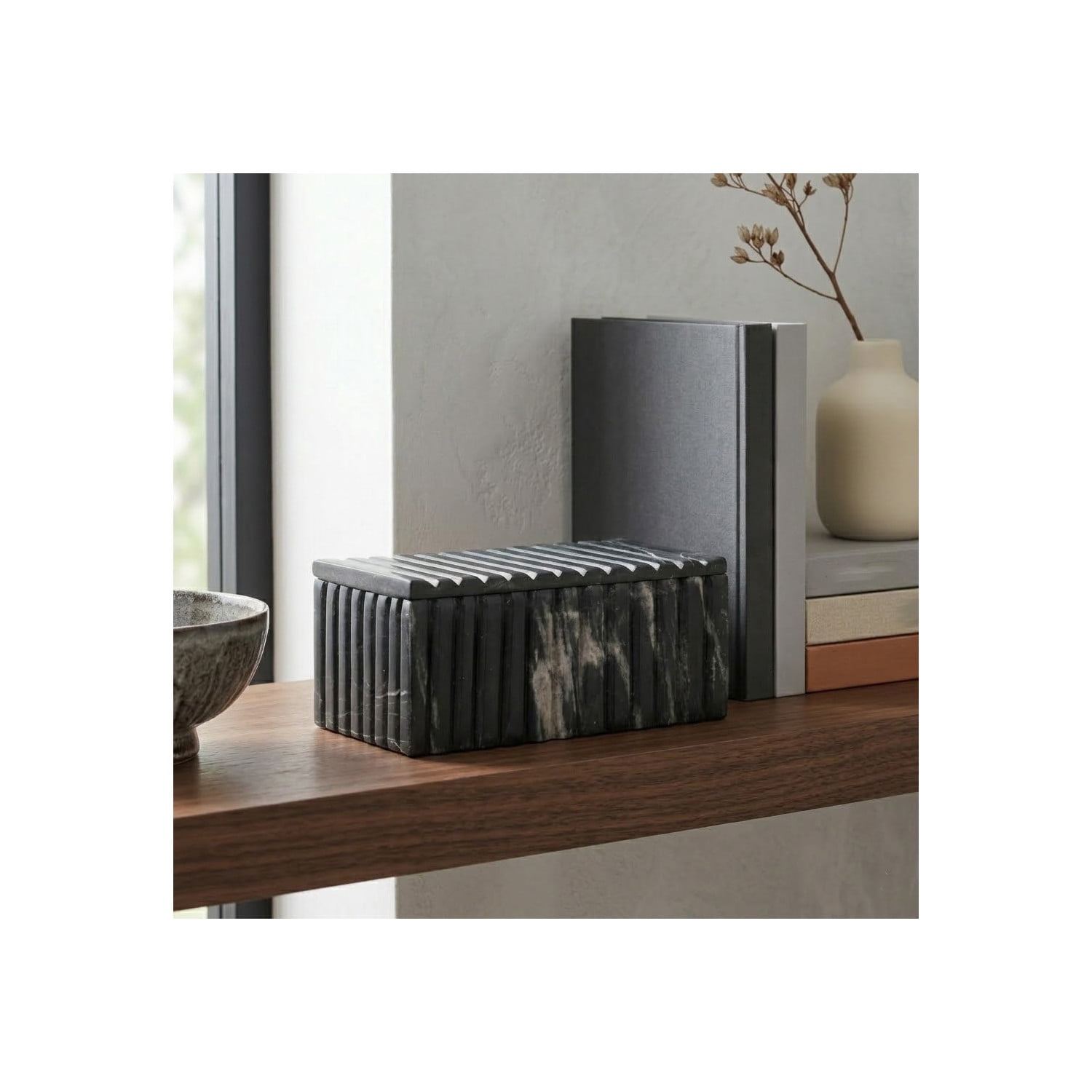 Decorative Marble Ridged Box for Home Decor- Modern Storage Box with Lid for Jewelry, Keepsake, and Shelf Accent - Home Organizer for Bedroom, Office Desk, or Living Room Decor - 3", Black