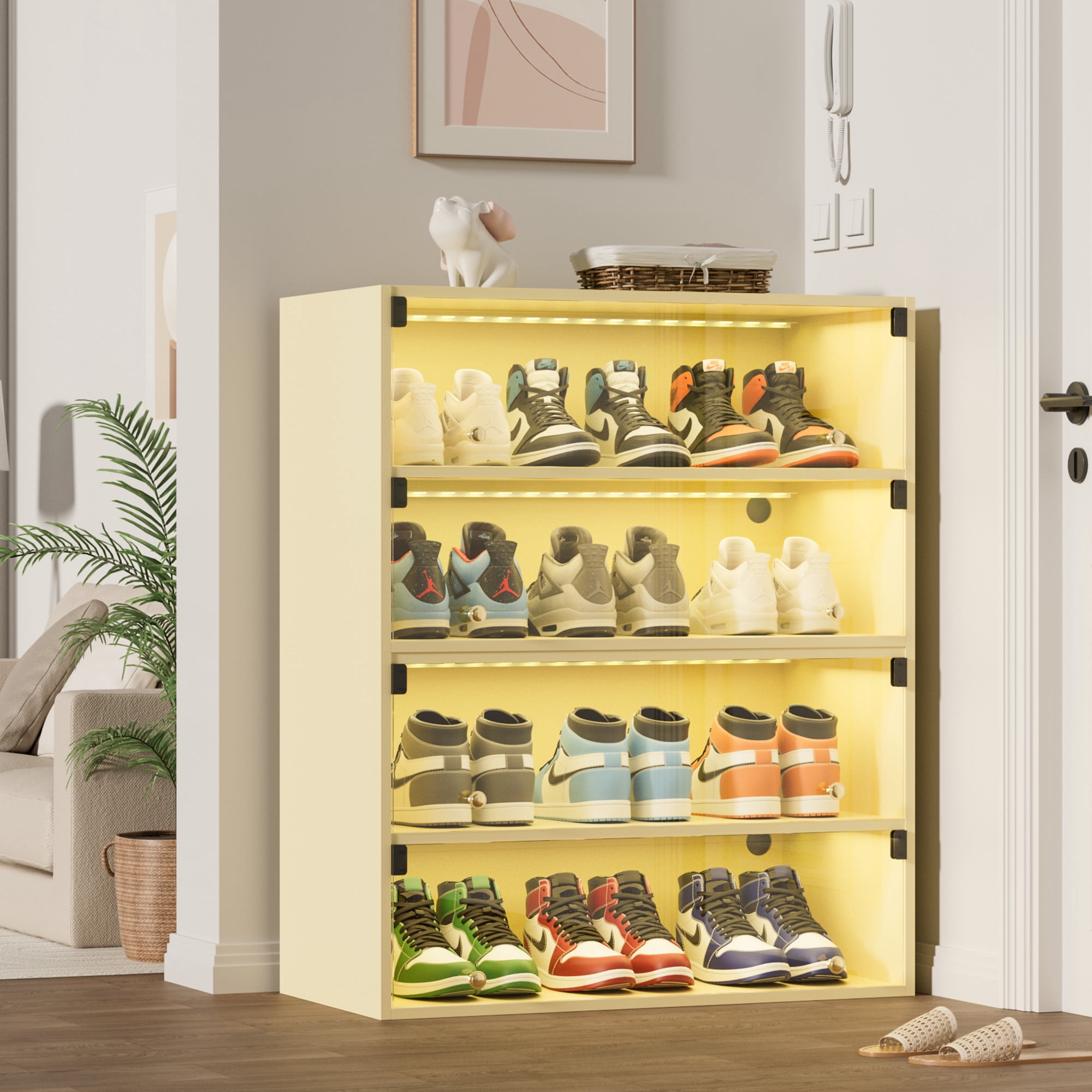 OUDOSPRS Stackable LED Sneaker Display Cabinet for 6 Pairs of Shoes, 2 Layers Shoe Rack with Thick Acrylic Door, Clear Shoe Boxes Sleek Wooden Showing Shoe Rack for Space Saving, White