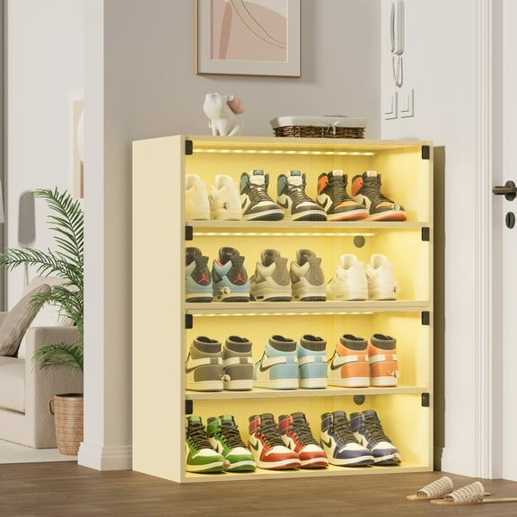 REDSASA Shoe Storage Cabinet with RGB LED Light - Clear Door Storage Display Case for Sneakers Collection, Modern Shoe Box Organizer, Off White