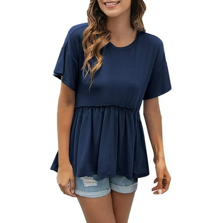 safuny Women s Summer Trendy Babydoll Tops Clearance Solid Lace Tops Short Sleeve Tees V Neck Shirts Button Leisure Vintage Clothing Fashion Blue M