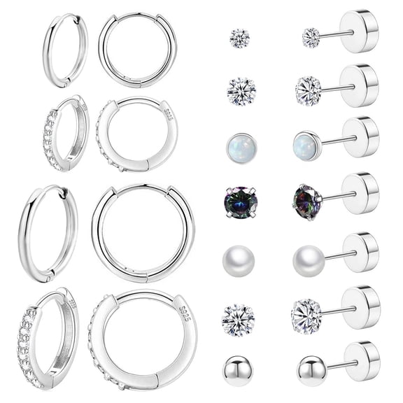 11 Pairs Surgical Steel Hoop and Flat Back Earrings Set, Piercing Cartilage Stainless Steel Titanium Stud Earrings for Women Men Adult (Silver)