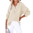 thumbnail image 2 of Qwertyu Womens Gauze Shirts Summer Casual Button V Neck Long Sleeve Shirts Oversized Solid Color Blouses Tops Beige 2XL, 2 of 6