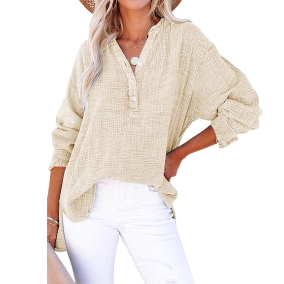 Linen Shirts for Women Summer Tops Casual Gauze Button Neck Long Sleeve Oversized Blouses Tops Lightweight Loose V Neck Pullover Shirts Beige S