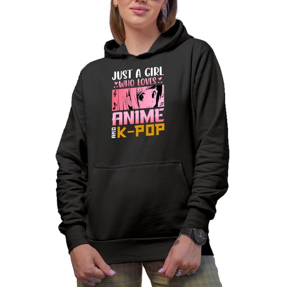 Just a Girl Who Loves Anime and K-Pop, Japanese & Korean Lover, Black Hooded Sweatshirt or Hoodie, Large