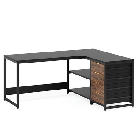 Resenkos Study Writing Desk, Computer Desk,59" L-Shaped Desk, Reversible Corner Desk with Drawers & Shelves,Black