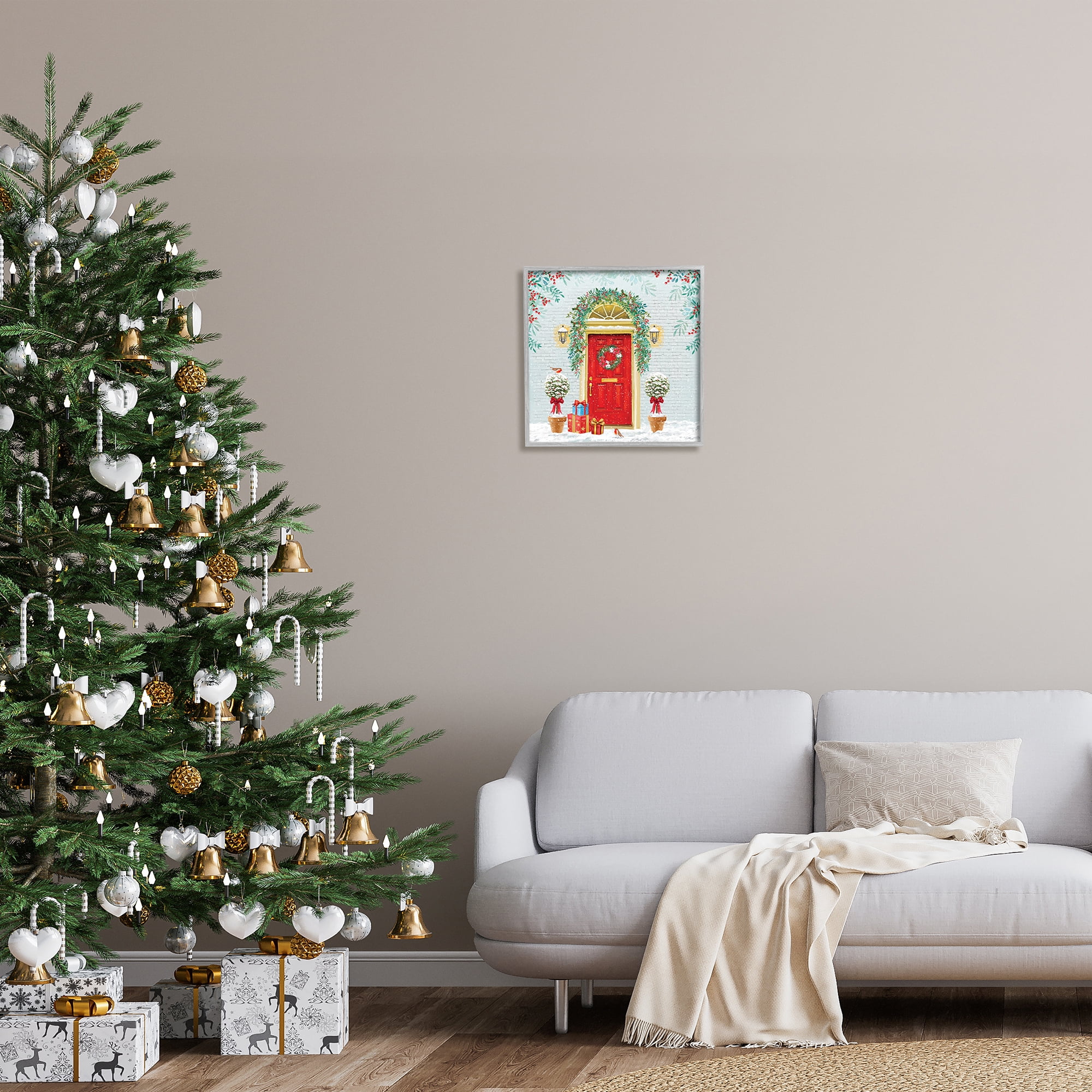 Stupell Industries Winter Doorway Christmas Gifts Holiday Painting Gray Framed Art Print Wall Art