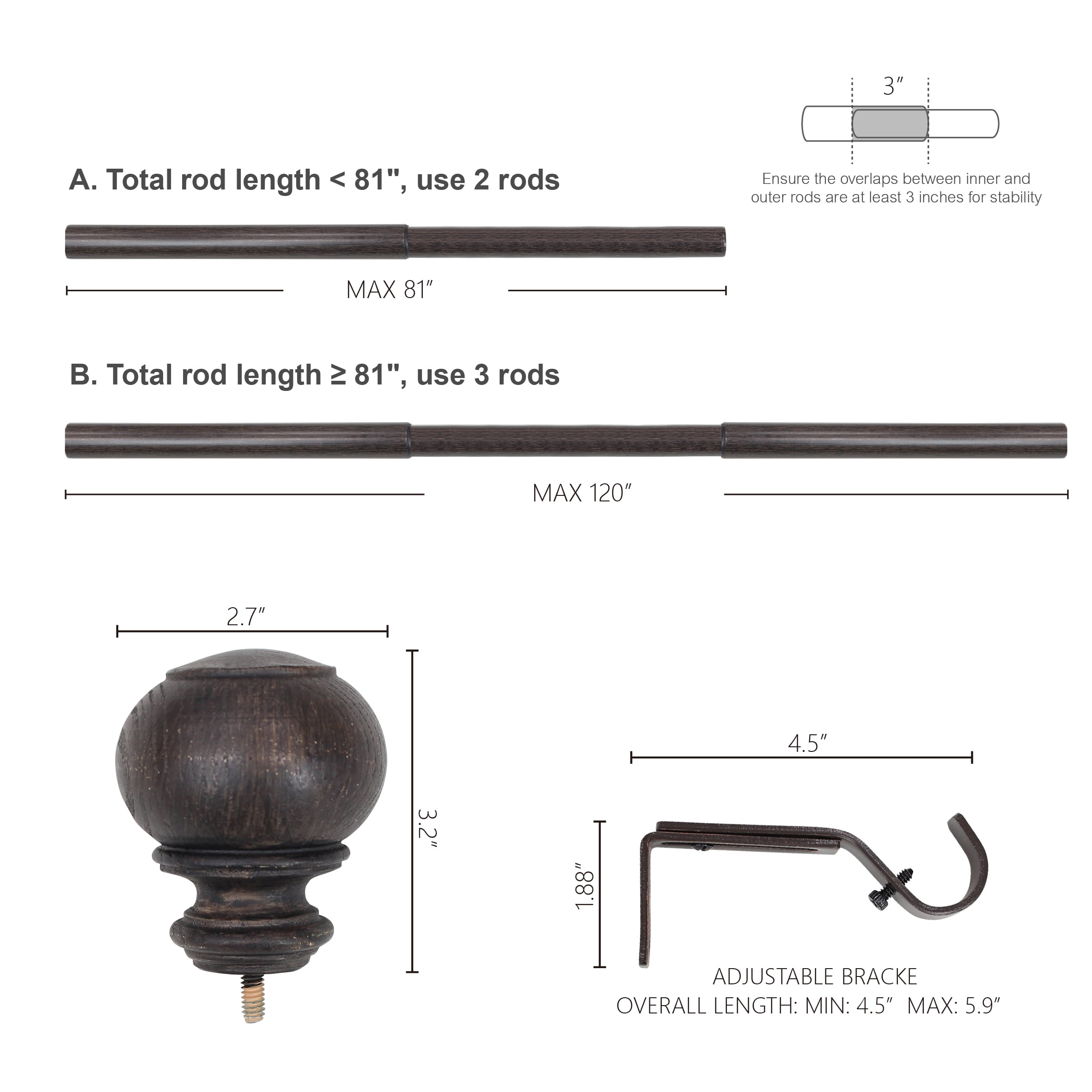 Better Homes & Gardens 1" Faux Tobacco Oak Knob Curtain Rod, 42-120"
