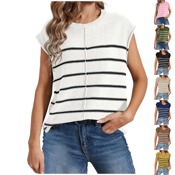 Summer Savings!YANHAIGONG Women's Striped Knit Sleeveless Tank Tops,2024 Summer Casual Round Neck Striped Sleeveless Shirts ,2024 Trendy Spring Clothes Striped Sleeveless Shirts