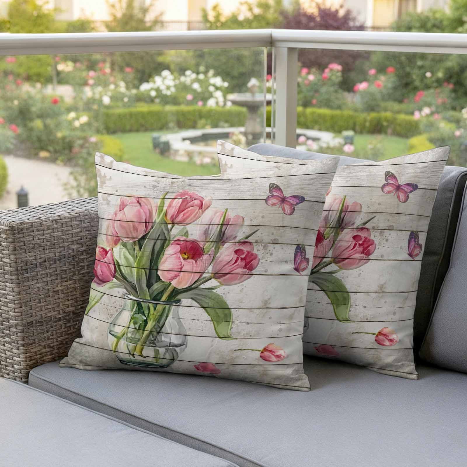 Pink Tulip Outdoor Waterproof Pillow Covers, Vintage Spring Floral Retro Art Butterfly Wooden Decorative Square Throw Pillowcase Sofa Cushion Sham for Patio/Couch/Chair, 24"x24" 2 Pack
