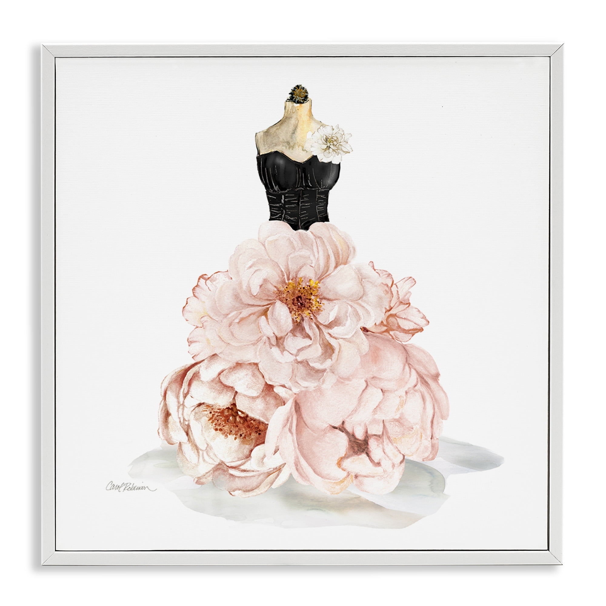 Stupell Industries Pink Peonies Floral Dress Black Corset Fashion Mannequin Beauty & Fashion Painting White Framed Art Print Wall Art, 24 x 24