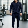 thumbnail image 2 of Wrtxtat Men's 2 Piece Sweatsuit Solid Color Drawstrings Full Zip Hooded Cardigan with Pockets Tapered Elastic Waist Trosuer Pants Outfit Set Navy L, 2 of 9