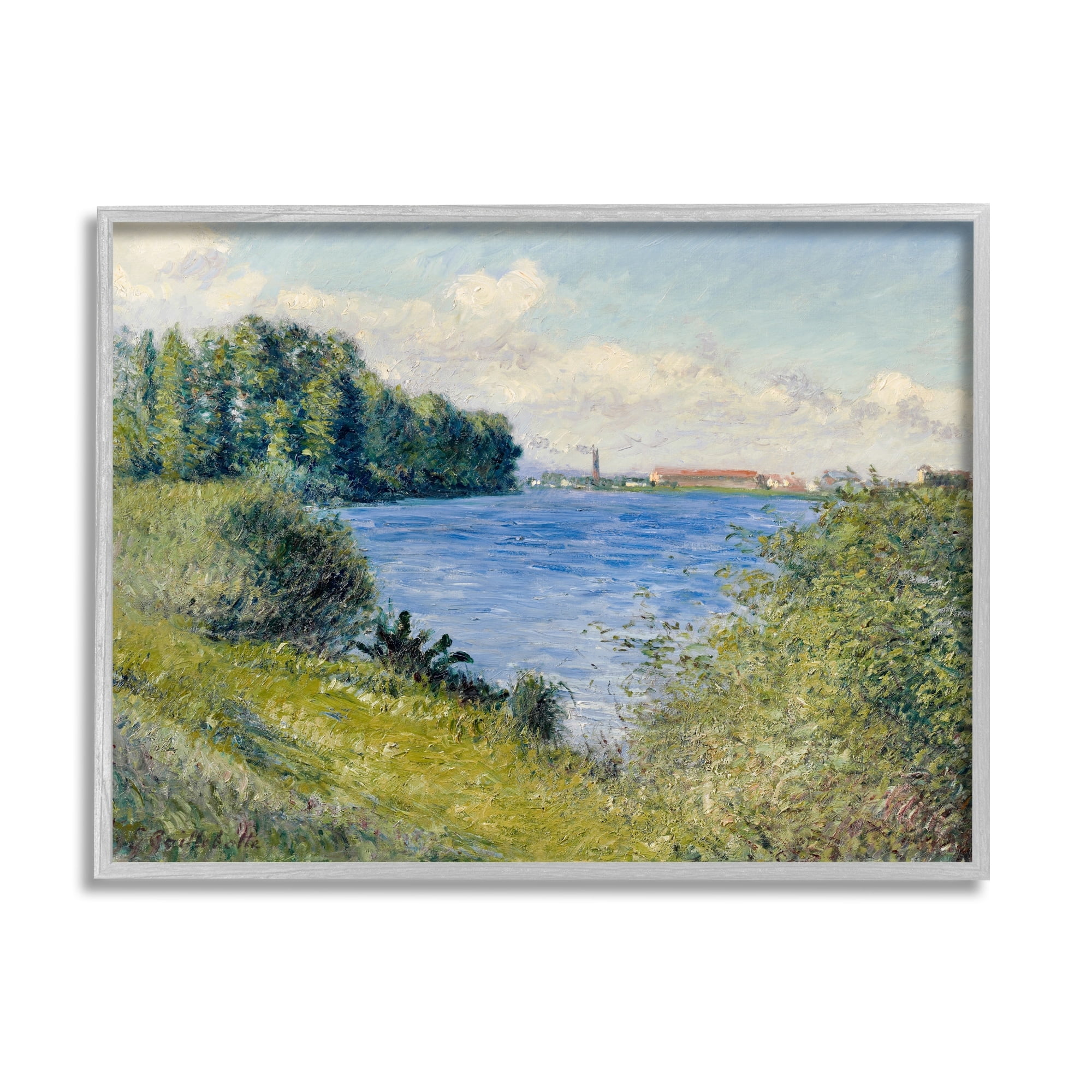 Stupell Industries Clear Blue Water Seaside Rural Grassland Trees Painting Gray Framed Art Print Wall Art, Design by Lettered and Lined